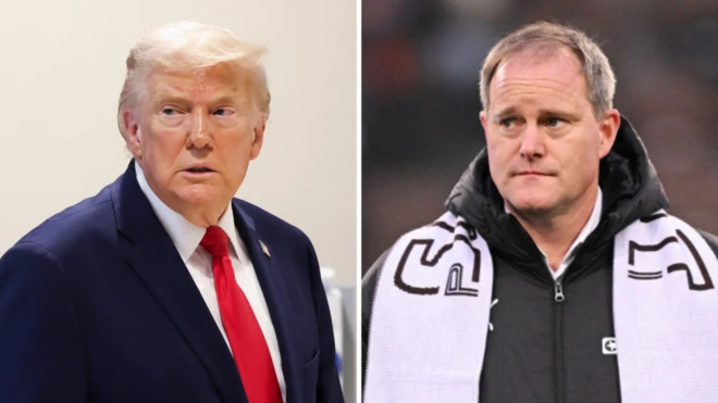 2人の写真が横並びに配置されている。ゲトリッヒ氏は黒い上着を着て、白い細長い布のようなものを肩からかけている。トランプ氏はダークスーツ姿で赤いネクタイを締めている