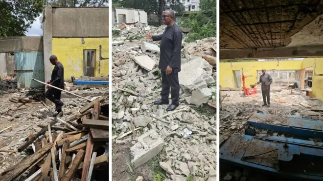 Screen grab of Peter Obi at di site of di demolished building of im brother
