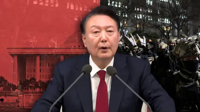 윤석열 전 대통령과 국회와 군인들의 사진을 합성한 배경 사진