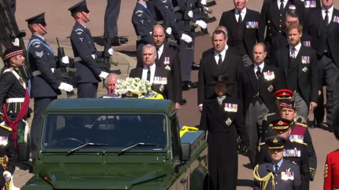 Members of the Royal Family walked behind the duke's coffin during the procession