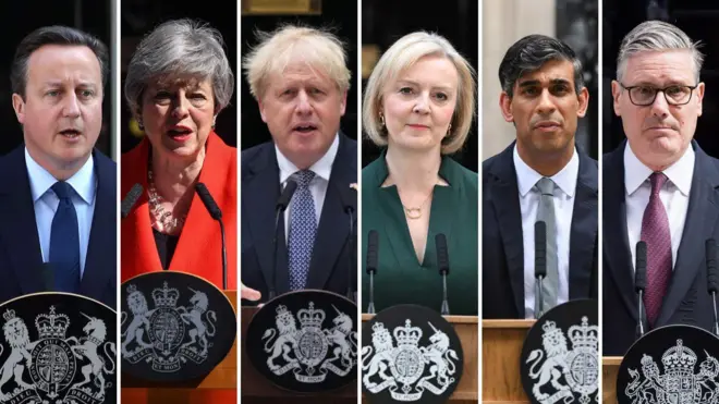 Ifoto ifatanyije igaragaza ba Minisitiri w’intebe b’Ubwongereza mu myaka 10 ishize.
Uhereye ibumoso ujya iburyo: David Cameron, Theresa May, Boris Johnson, Liz Truss, Rishi Sunak na Keir Starmer.