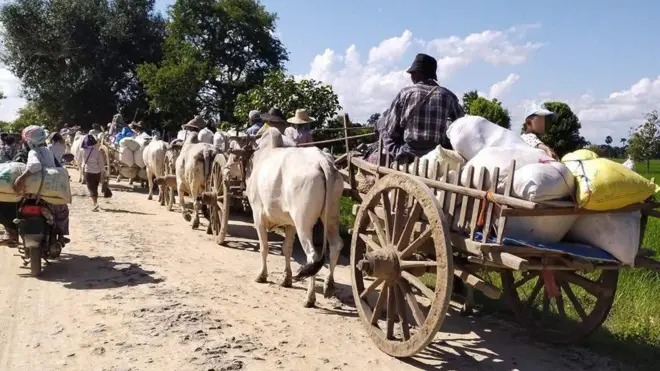 နွားလှည်းတွေပေါ် အထုပ်တွေတင်ကာ စစ်ရှောင်နေကြရတဲ့ စစ်ကိုင်းတိုင်း၊ ဒီပဲယင်းဒေသခံတွေ 