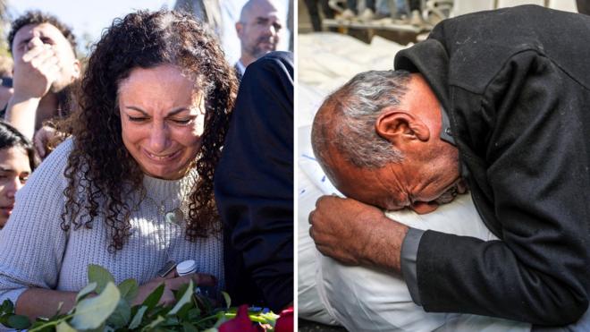 Una mujer israelí llora sobre un féretro y un palestino llora sobre un sudario.
