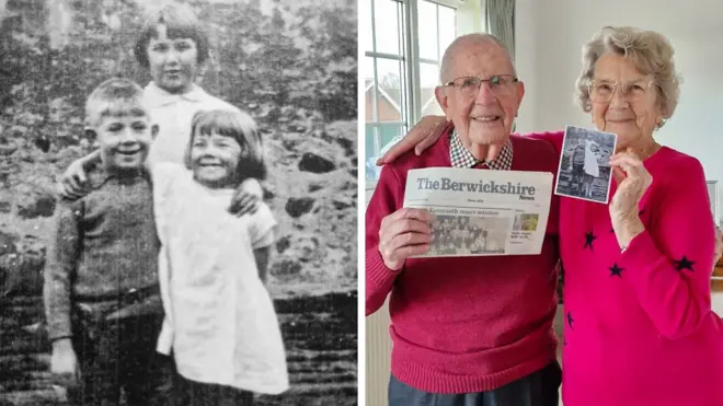 An old picture of two children who grew up in the Borders next to one of them as they are 85 years on