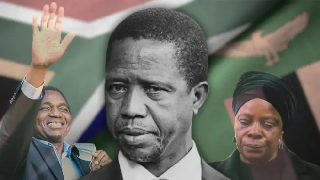 Колаж - Едгар Лунгу та для прапорів Південної Африки та Замбії та фігур Естер Лунгу та Хакаінде Хічілеми