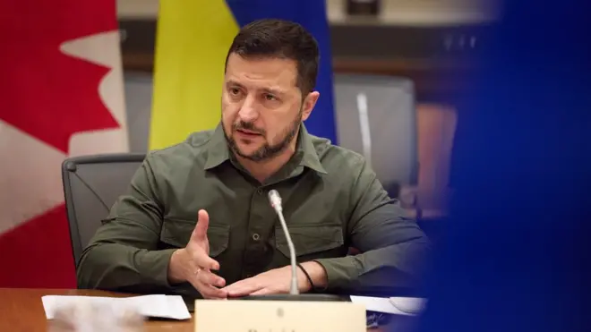 Image of President Volodymyr Zelensky during a meeting with Canada's Prime Minister Trudeau