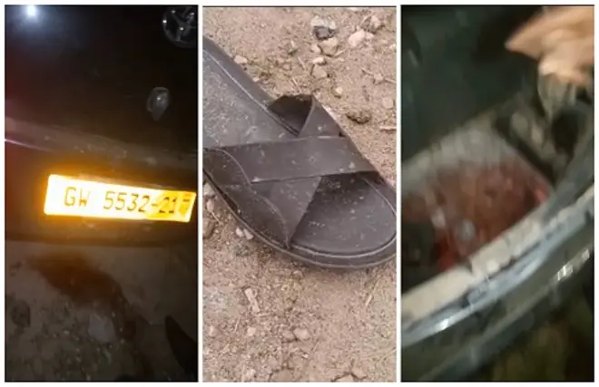 Collage foto of car di suspects use and slippers of di dead driver