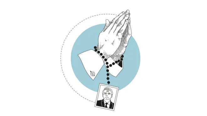 Ilustração de duas mãos juntas com um terço com a imagem de Bolsonaro