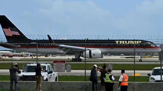 Trump Force One, with former US President Donald Trump on board, lands in Miami, Florida, on 12 June 2023