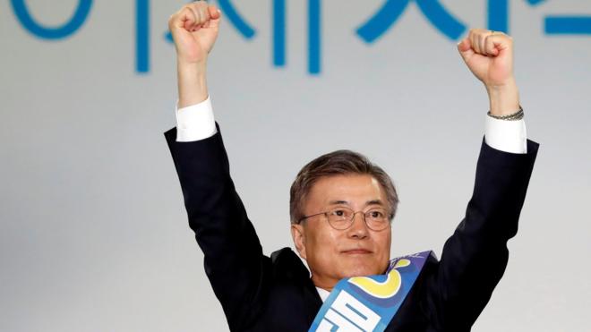 Moon Jae-in reacts after winning the nomination as a presidential candidate of the Minjoo Party, during a national convention, in Seoul, South Korea on 3 April