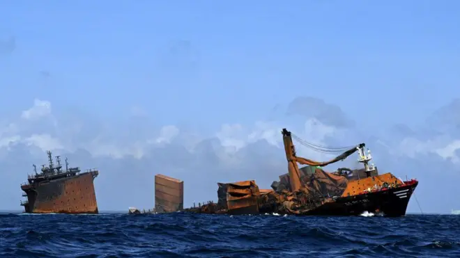 The Singapore-registered container ship MV X-Press Pearl carrying hundreds of tonnes of chemicals and plastics, sinks after burning for almost two weeks, just outside Colombo's harbour on June 2, 2021.