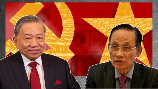 Ảnh thiết kế: ông Tô Lâm (trái) mặc vest sọc đen, sơ mi trắng thắt và vạt caro đỏ và ông Lê Hoài Trung (phải) mặc vest nây sọc, sơ mi xám và cà vạt đỏ, trên nền cờ Đảng và ngôi sao vàng