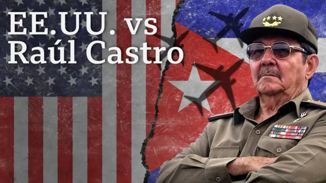 Fotomontaje con Raúl Castro, las banderas de Estados Unidos y Cuba, y sombras de aviones volando sobre ellas.