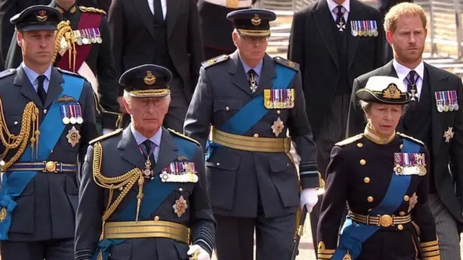 King Charles, the Princess Royal, Prince of Wales and Duke of Sussex behind Queen Elizabeth II's coffin