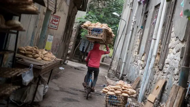 سائق دراجة هوائية يحمل فوق رأسه رفا خشبيا مليئا بقطع الخبز (العيش باللهجة المصرية) ويوزعها في القاهرة.