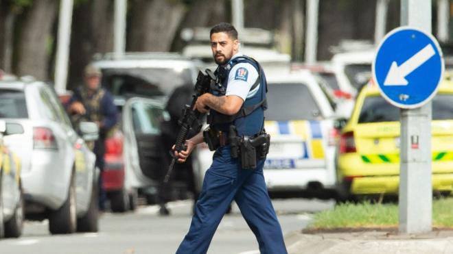 Armed police patrol following a shooting resulting in multiply fatalies and injuries at the Masjid Al Noor on Deans Avenue in Christchurch, New Zealand, 15 March 2019.