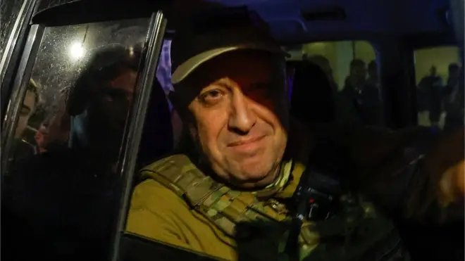 Wagner mercenary chief Yevgeny Prigozhin leaves the headquarters of the Southern Military District amid the group's pullout from the city of Rostov-on-Don, Russia, 24 June 2023