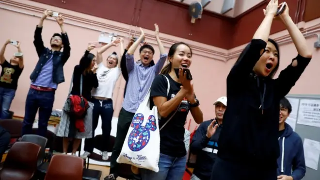 Supporters of a pro-democracy candidate celebrate as results in the district election were announced
