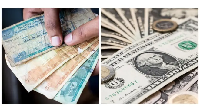 የኢትዮጵያ የብር ኖት (በስተግራ) የዶላር ኖት (በስተቀኝ)