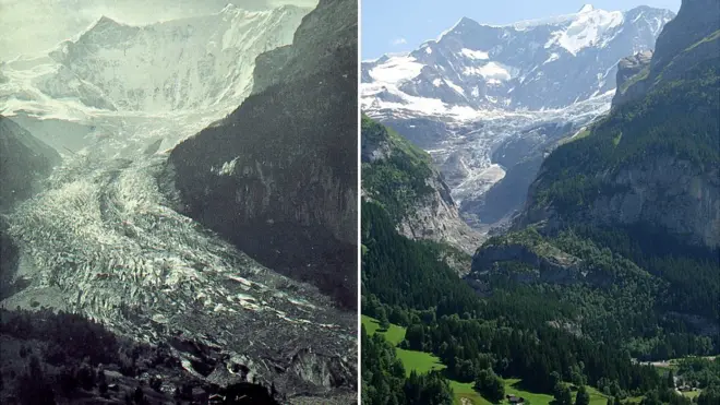 The Grindelwald and glacier in 1858 (left) versus 2013