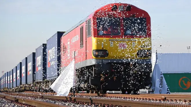 The first freight train from China to the UK arrives in London in 2017, having crossed seven countries in 18 days.