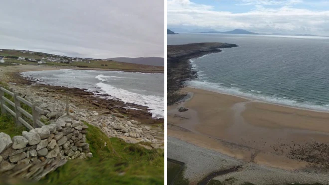Playa Dooagh antes y después.