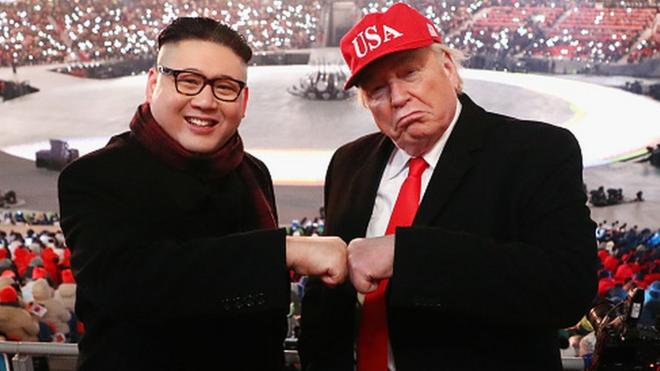 Рукопожатие двойников Дональда Трампа и Ким Чен Ына во время зимних Олимпийских игр