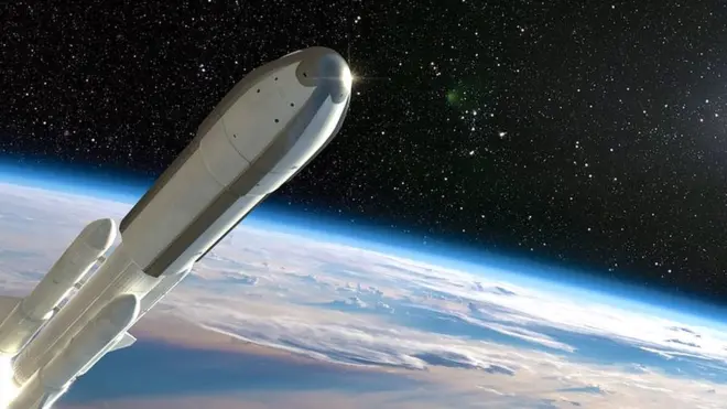 Artist's impression of what future spaceflight might look like. Shows metallic rocket speeding away from Earth.