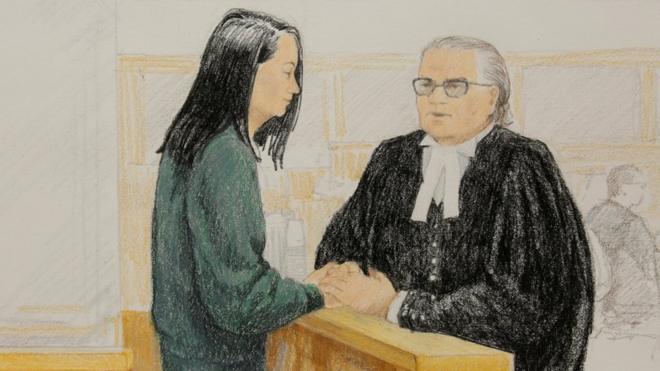 2018年12月10日，孟晚舟出席加拿大温哥华保释听证会的法庭画像。