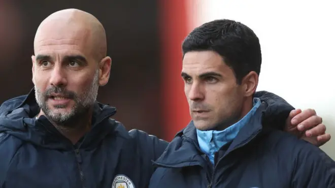 Pep Guardiola Manchester City manager with Arsenal's Mikel Arteta win im be dia assistant coach