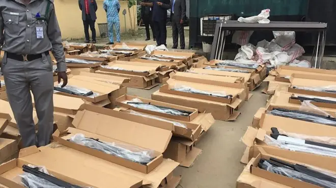 Nigeria dey concern that na from one source di four different seizure of 2,671 pump action rifle come from.
