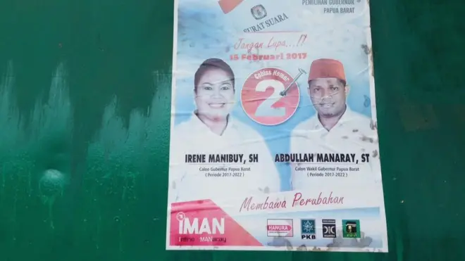 Pasangan calon gubernur/wakil gubernur Papua Barat Irene Manibuy- Abdullah Manaray, yang didukung oleh Hanura, PKS, PKB dan PPP.