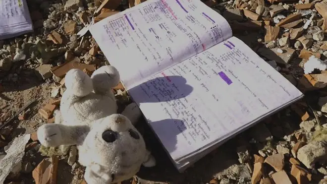 Игрушка и тетрадка на земле