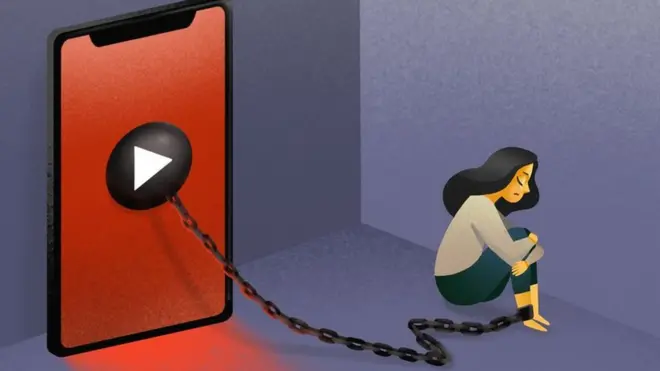 Illustration of revenge porn victims being shackled to phone.