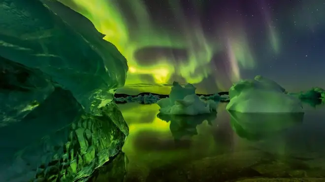 The northern lights seen above icebergs