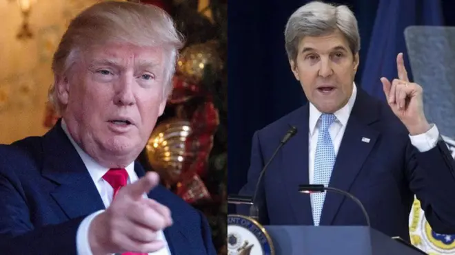 特朗普（左）发文支持以色列，克里（右）则是指责以色列阻碍中东和平。