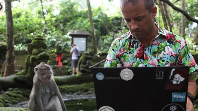 شاب يعمل على جهاز الكمبيوتر المحمول الخاص به وسط متنزه مفتوح