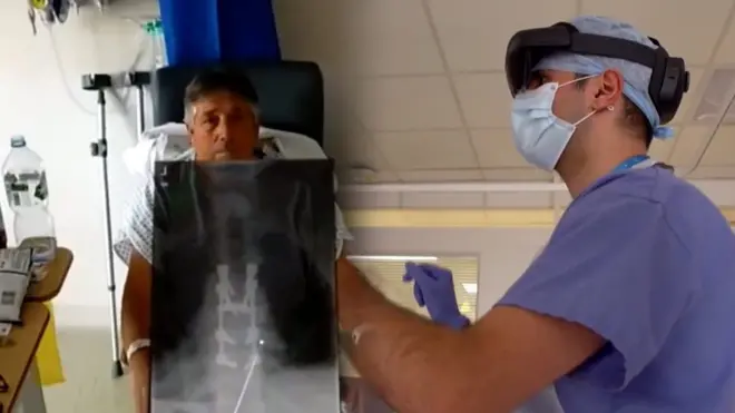 Врач с очками смешанной реальности за работой.