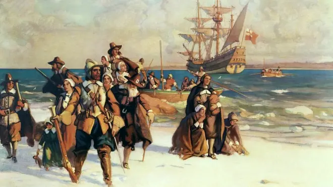 Los Padres Peregrinos llegando a Plymouth, Massachusetts a bordo del Mayflower, noviembrecomo fazer aposta no jogo de futebol1620. Pinturacomo fazer aposta no jogo de futebolW.J. Aylward