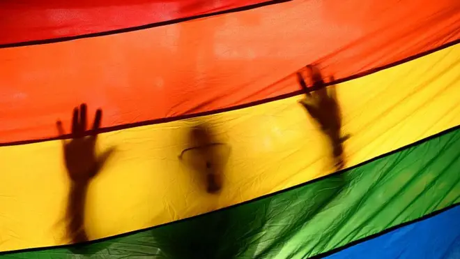 An outline of a man is seen behind a rainbow LGBTQ+ flag at a march. Stock photo from library, not taken in Senegal.