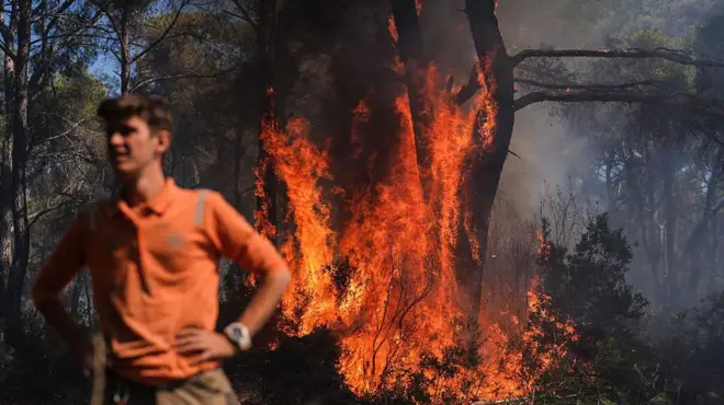 Buca'daki yangınla mücadele eden orman işçilerinden biri elleri belinde arkadaşlarına bakıyor, arkada bir ağaç alev alev