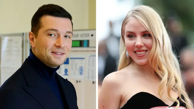 Po lewej zdjęcie Jordana Bardelli, młodego mężczyzny o krótko ostrzyżonych ciemnobrązowych włosach. Bardella ma na sobie granatową marynarkę i nieco jaśniejszy golf. Po prawej osobne zdjęcie Marii Karoliny Burbon-Sycylijskiej, młodej kobiety o długich, lekko falistych blond włosach. Maria Karolina ma na sobie czarną sukienkę bez ramiączek. W uszach nosi duże, błyszczące kolczyki, wyglądające na wysadzane diamentami lub podobnymi kamieniami. 