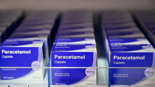 薬局のケースに並ぶパラセタモールの箱。青いラベルに白い文字で「Paracetamol」と書かれている