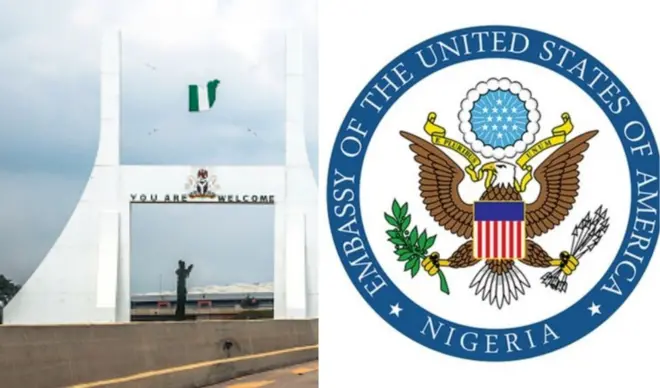 Foto of Abuja city gate and logo of US embassy