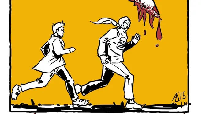 Deo naslovnice stripa na engleskom, na kojoj dečak Ahmed (levo), glavni junak stripa, juri u borbi za život