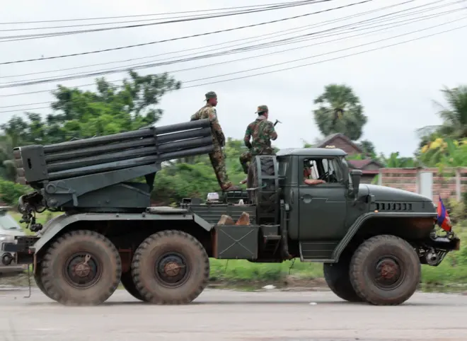 Mandatory Credit: Photo by KITH SEREY/EPA/Shutterstock (15415979c)
Cambodian soldiers ride on a self-propelled multiple rocket launcher in Oddar Meanchey province, northwest of Cambodia, 27 July 2025. Fighting between Thai and Cambodian forces continued on 27 July, marking the fourth consecutive day of border clashes. According to a spokesperson for Cambodia's Ministry of Defense, the conflict has displaced more than 80,000 people. Authorities have shut down 600 schools across five provinces, impacting around 150,000 students and over 6,000 teachers.
Border Clashes enter fourth day as Over 80,000 people are displaced, hundreds of schools shut, Oddar Meanchey Province, Cambodia - 27 Jul 2025
