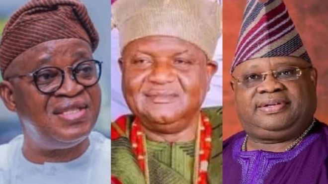 Akojọpọ aworan Gboyega Oyetola, Ọba Adegboyega Famodun ati gomina Ademola Adeleke