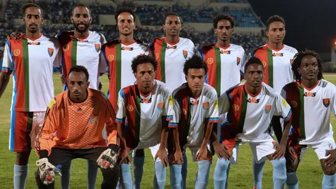 Eritrea footballers line up before 2018 World Cup qualifying game against Botswana for October 2015