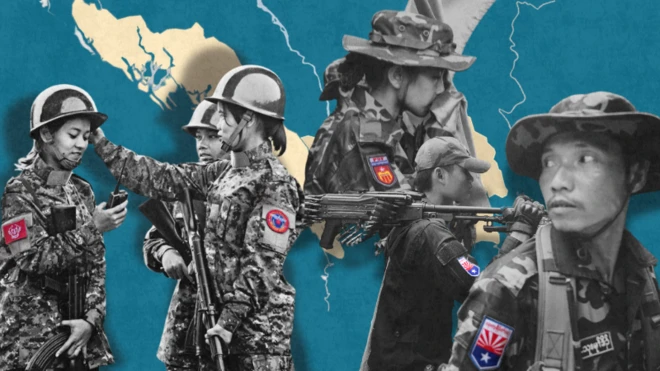 ရက္ခိုင်တပ်တော်(အေအေ)၊ ပြည်သူ့ကာကွယ်ရေးတပ်ဖွဲ့၊ ကရင်အမျိုးသားလွတ်မြောက်ရေးတပ် ဖွဲ့ဝင်တွေကို ပဲခူးတိုင်းနဲ့ ရခိုင်ပြည်နယ်မြေပုံနောက်ခံတို့နဲ့အတူ ပေါင်းစပ်ထားတဲ့ ဓာတ်ပုံ