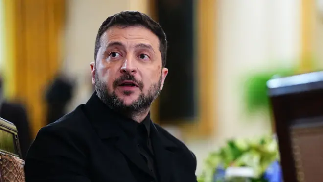 Ukrainian President Volodymyr Zelensky is pictured in the East Room of the White House in Washington, DC.